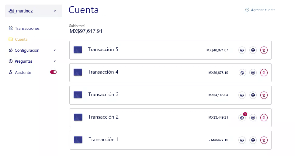 Captura de pantalla de las transacciones en la plataforma en 2 días